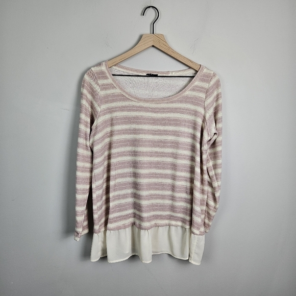 Torrid Sweater Ivory Blush Pink Stripe 2fer Pullover Sheer Hem Scoop Neck - Picture 7 of 8
